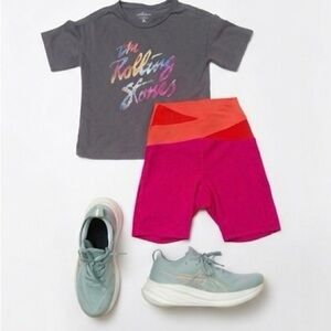 Rolling Stones Graphic Tee with Pink/Coral Biker Shorts (shoes not included)